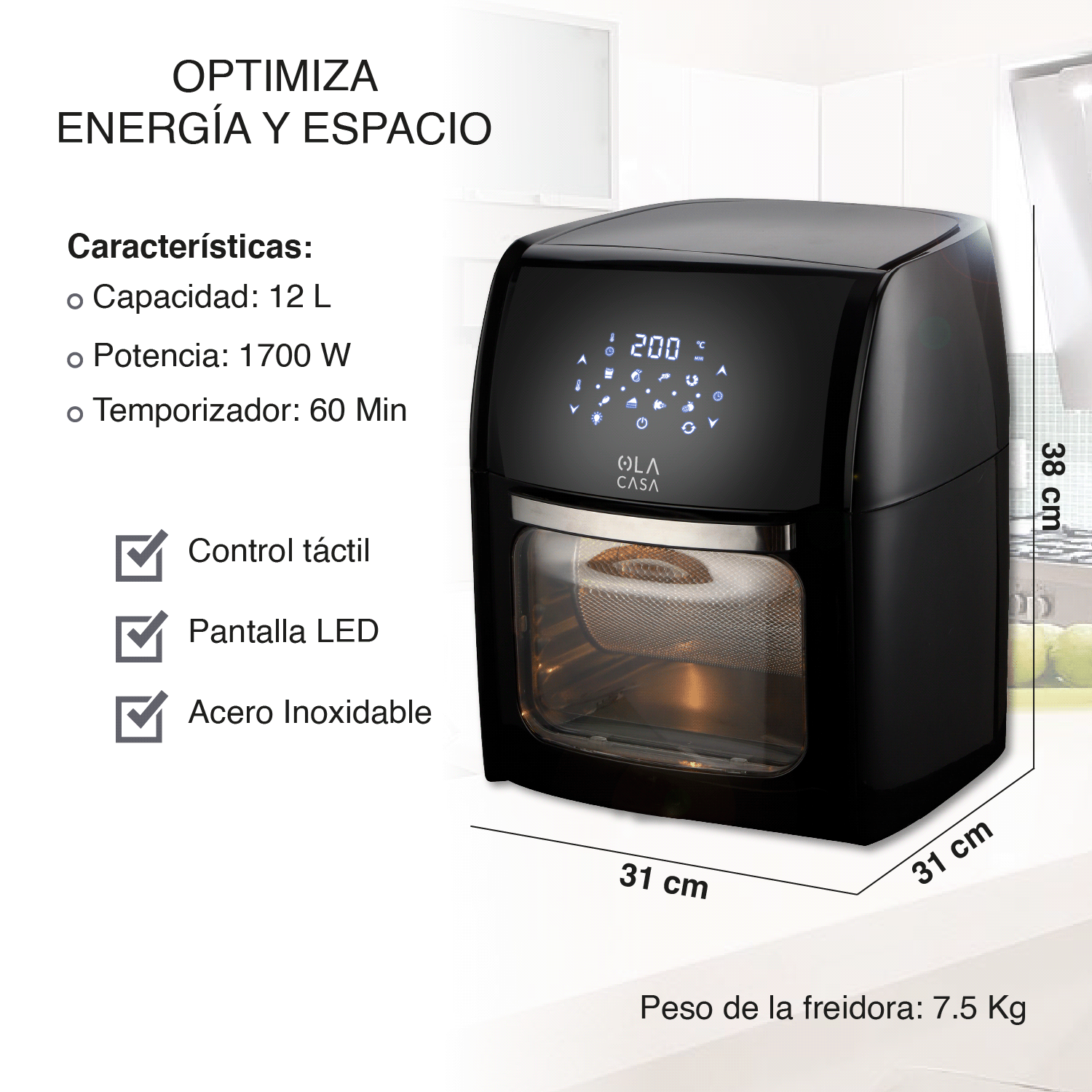 Freidora De Aire 12 L Ola Casa Color Negro